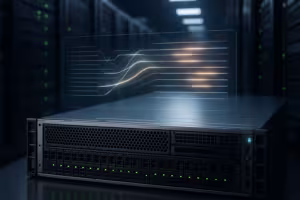Fotorealistische server in het datacenter met abstracte CPU-prioritering