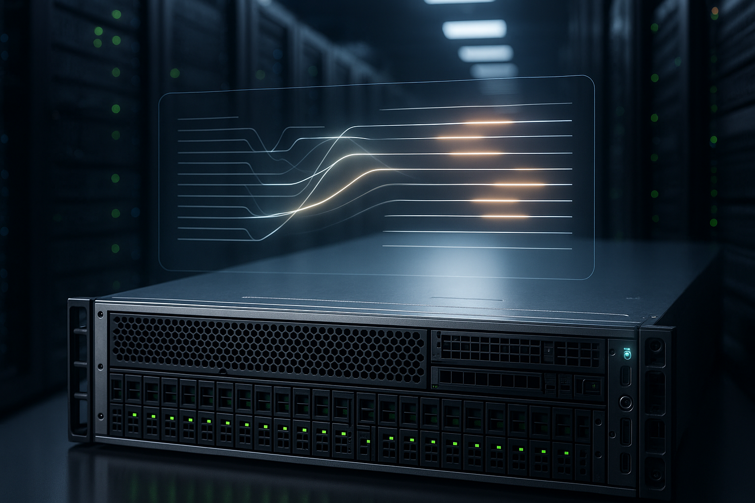 Fotorealistisk server i datacenter med abstrakt CPU-prioritering