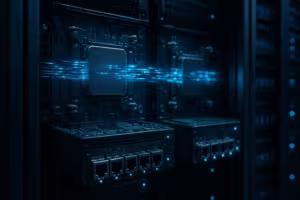 可視化されたデータストリームを持つデータセンターのサーバーCPUとネットワークカード