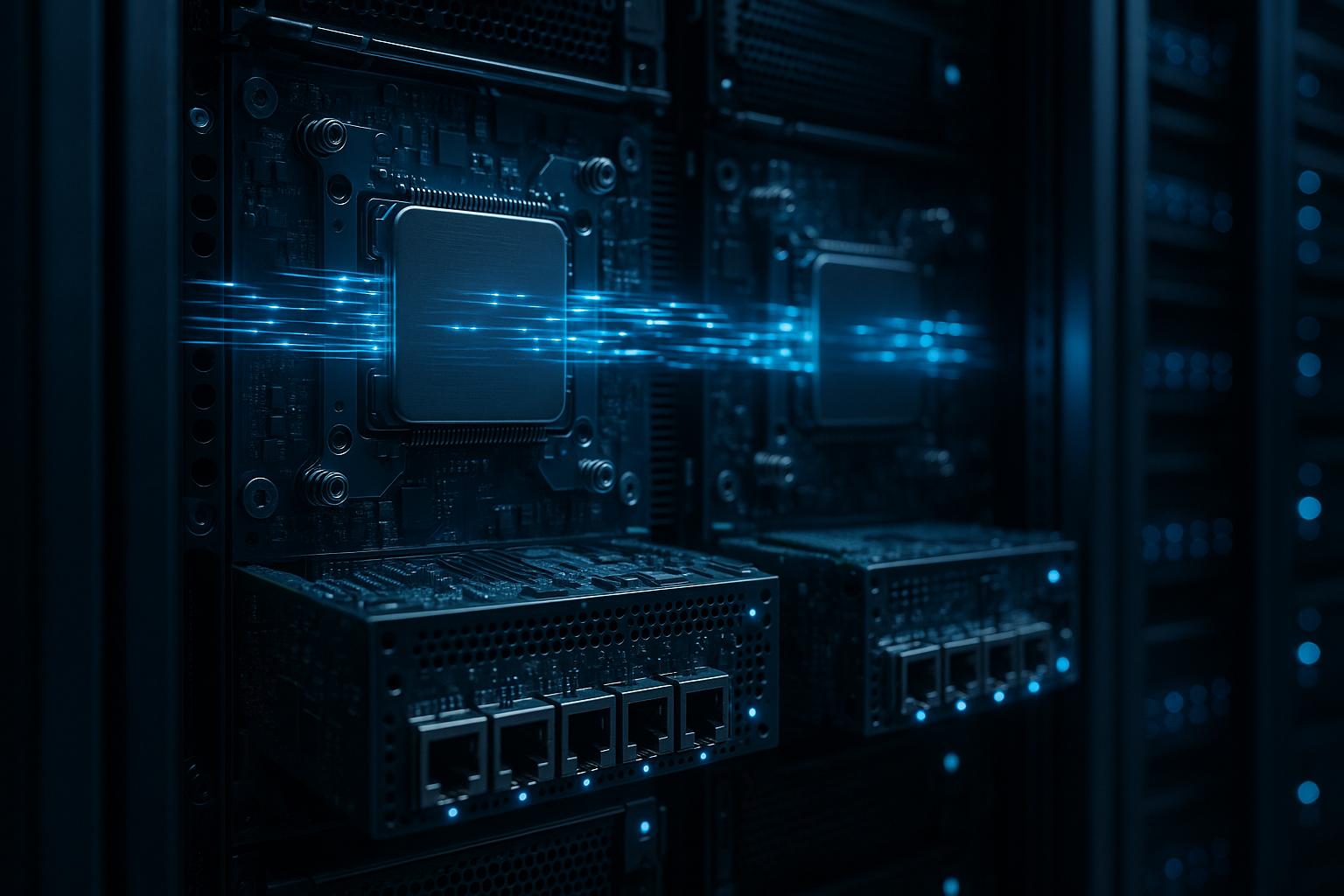 CPU de servidor y tarjeta de red en centro de datos con flujos de datos visualizados