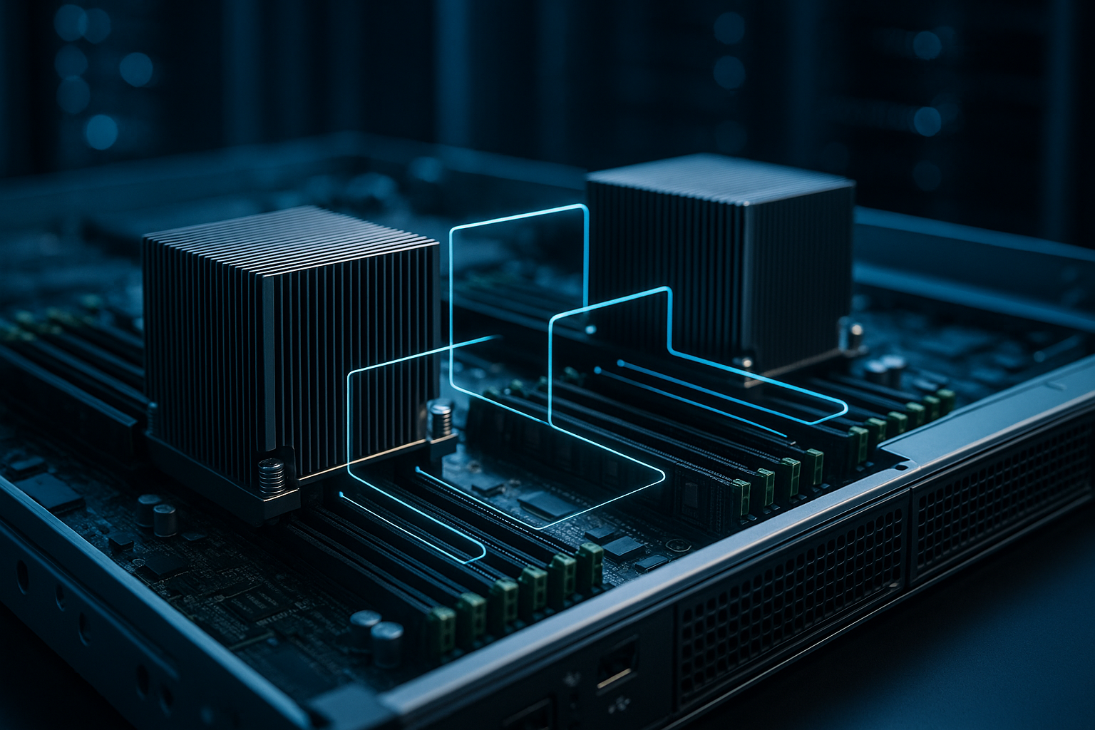 Moderne rackserver med synligt netværksforbundne CPU'er og hukommelse til NUMA-optimering