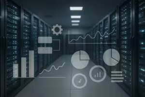 Salle de serveurs moderne avec visualisation des indicateurs de processus et de ressources