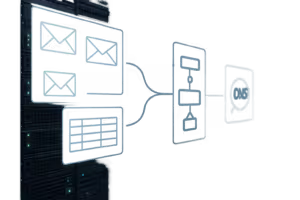 Serverracks i datacentret med ikoner til SPF- og DNS-opslag