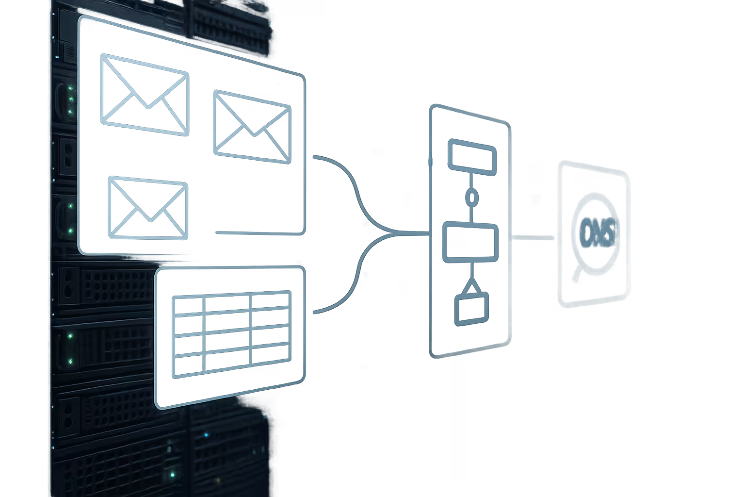 Serverracks im Rechenzentrum mit Symbolen für SPF und DNS-Lookups