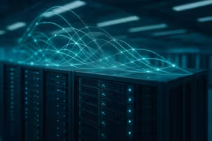 Serverrack in het datacenter met gevisualiseerde TLS-datastromen voor snelle HTTPS-verbindingen