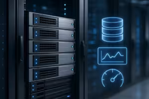 Photorealistischer Serverraum mit Symbolen für Datenbanküberwachung und Lastkontrolle