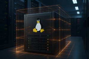 Modernes Hosting-Server-Setup mit digitalem Schutzschild