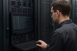 Administrator analysiert Journalctl-Logs auf Linux-Server im Rechenzentrum