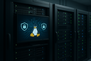 Rechenzentrum mit Linux-Servern und Sicherheitsvisualisierung