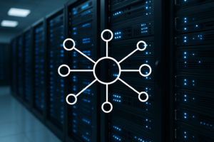 Moderner Serverraum mit Visualisierung eines verteilten Redis Clusters