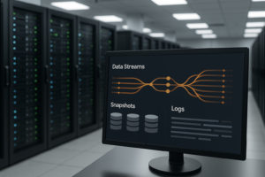 Rechenzentrum mit Redis-Servern und Dashboard zur Datenpersistenz