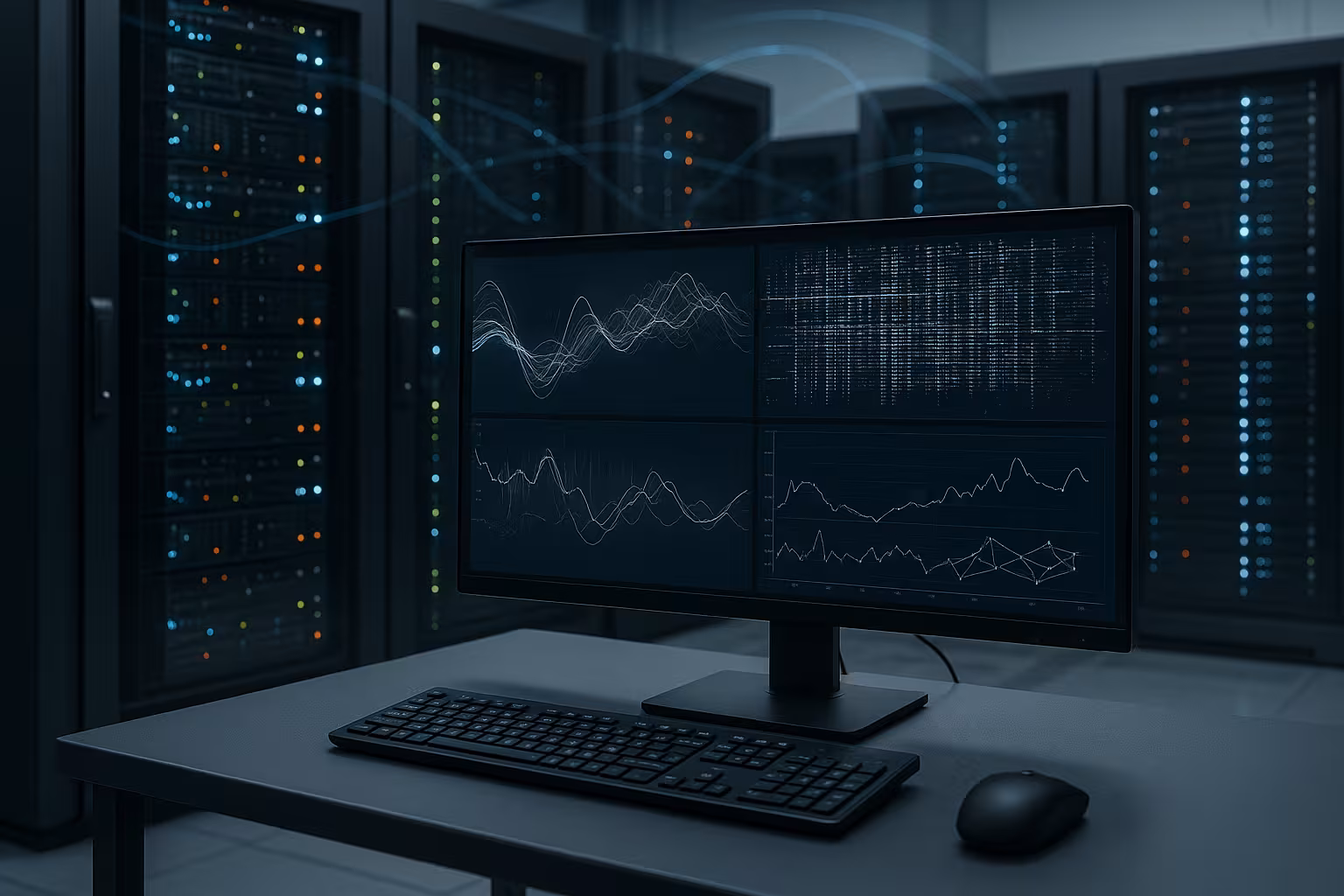 Datacenter med serverracks og overvågningsskærm til bpftrace-analyser