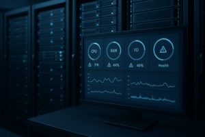 CloudLinux Server im Rechenzentrum mit Monitoring-Dashboard im Vordergrund