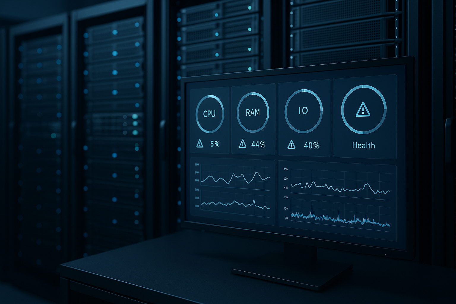 Servidor CloudLinux no centro de dados, com o painel de monitorização em primeiro plano