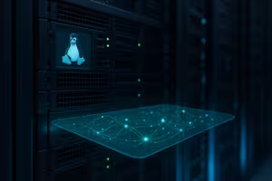 Rack de serveurs Linux avec visualisation des flux de données eBPF dans le noyau