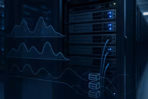 Datacenter med Linux-servrar och abstrakta prestandadiagram för eBPF-analys