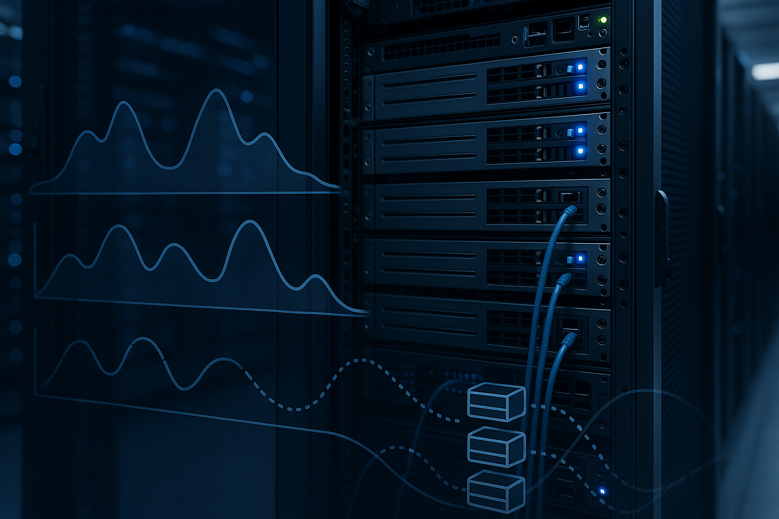 Datacenter met Linux-servers en geabstraheerde prestatiegrafieken voor eBPF-analyse