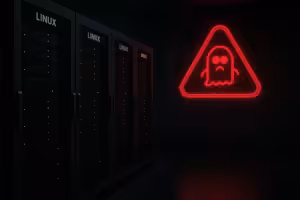 Serverrum med Linux-servrar och varningssymbol för säkerhetsbrist i GhostLock-kärnan
