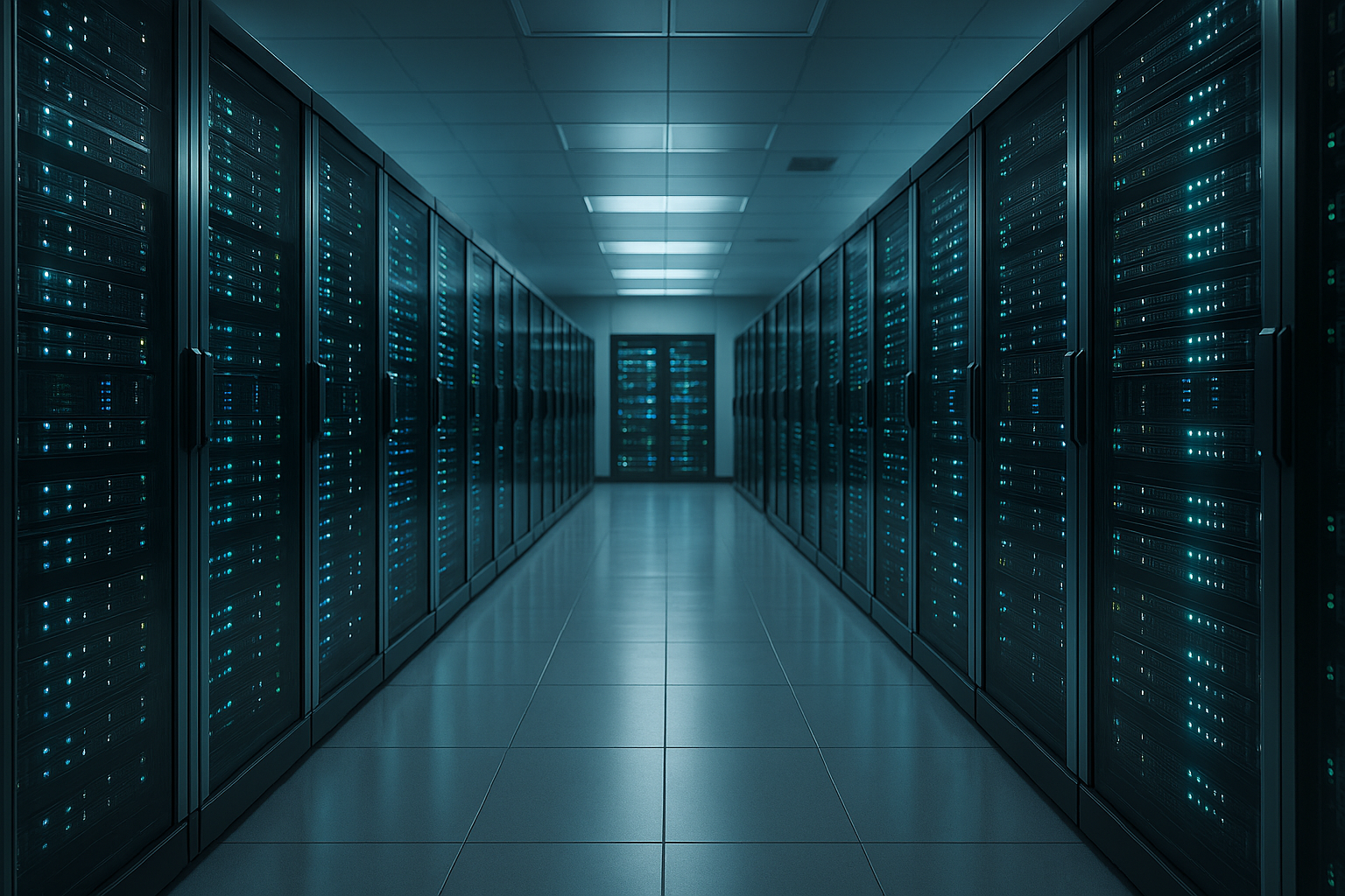 Centro de dados moderno com racks de servidores e infraestrutura digital