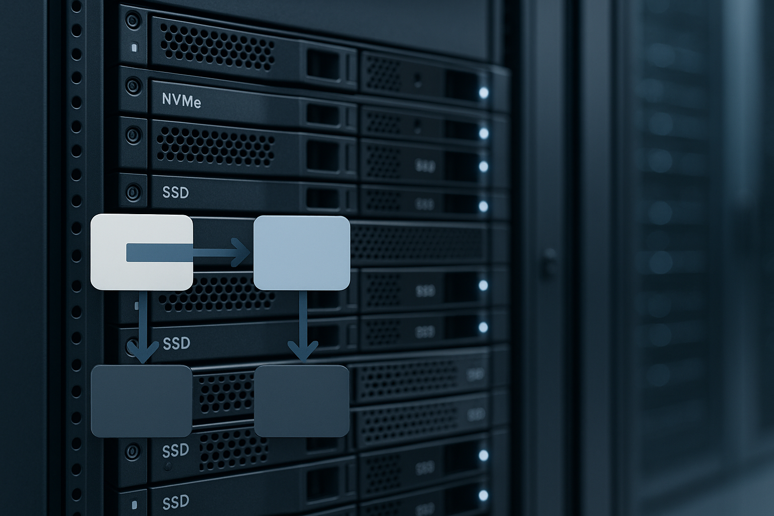 Datacenter met databaseservers en NVMe-opslag, gevisualiseerd als concept voor een veilige InnoDB Doublewrite Buffer