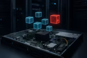 Représentation photoréaliste d'un serveur Linux avec des modules de noyau abstraits et un avertissement de sécurité