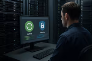 データセンター内のラックサーバーの前で、ライブパッチ適用中の状態を確認するIT管理者