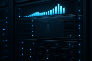 Moderne Linux-server i datacentret med visualiseret lagerudnyttelse