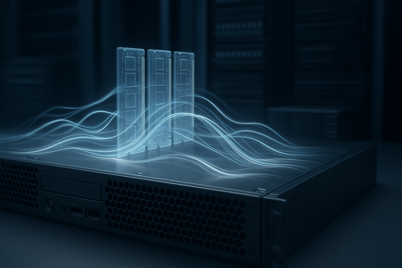 Servidor Linux no centro de dados com fluxos de memória e de dados visualizados para otimizar o desempenho de gravação
