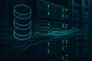 Centro de dados com servidores Linux de alto desempenho e visualização abstrata dos anéis de E/S io_uring