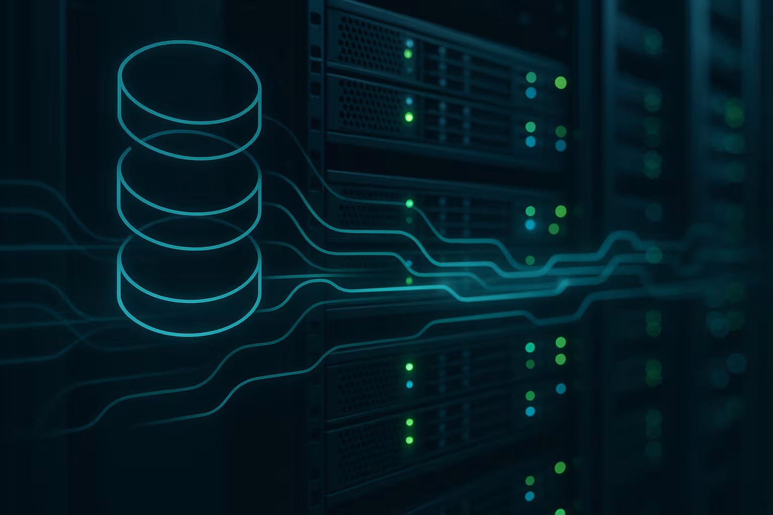 Rechenzentrum mit Linux-Hochleistungsservern und abstrakter Visualisierung von io_uring I/O-Ringen