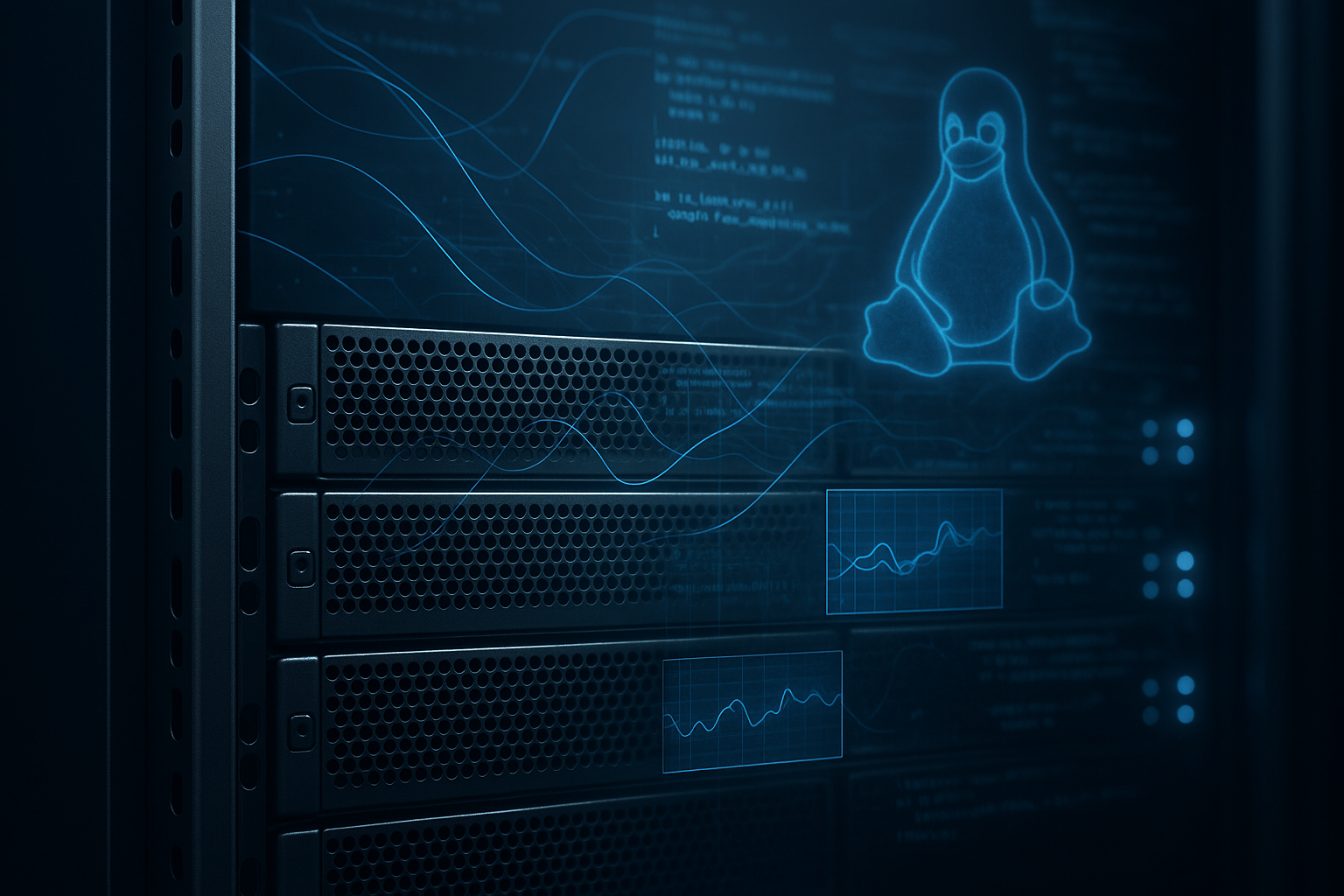 Rack de servidores com sistemas Linux e visualização da análise do kernel eBPF
