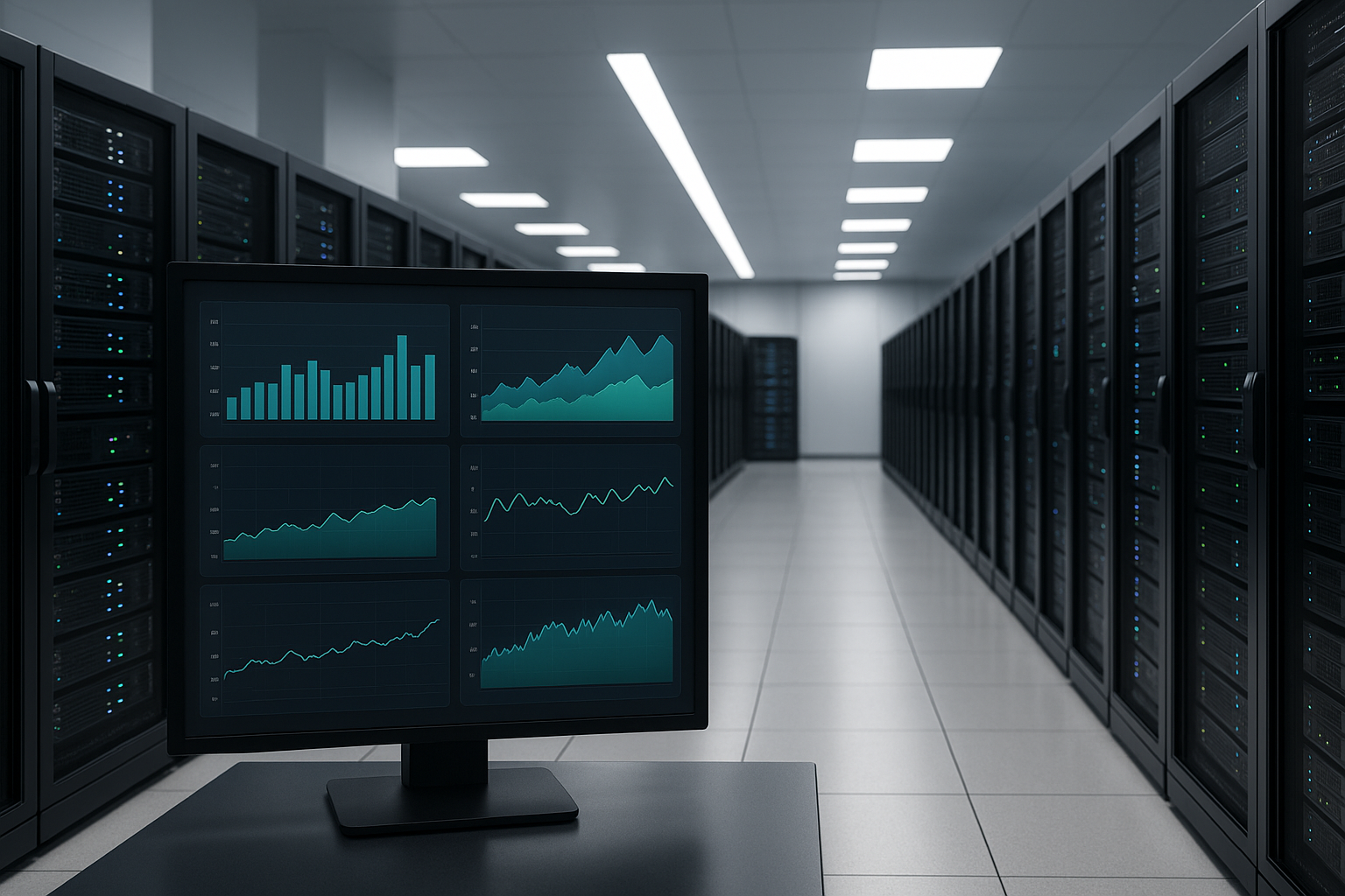 Linux-сервер в центре обработки данных с мониторингом загрузки памяти