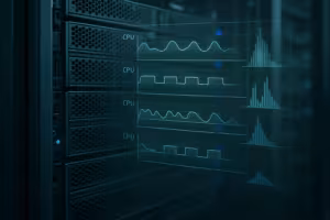 Serwer Linux z planowaniem zadań procesora i wykresami opóźnień w centrum danych