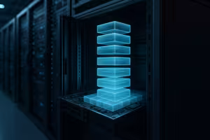 Rack de servidores en un centro de datos con gestión de almacenamiento Linux visualizada y estructuras Slab