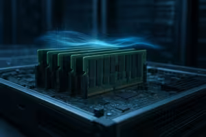 Servidor Linux com módulos de memória e cache de páginas visualizado num centro de dados moderno