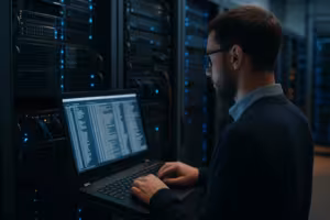 Administrator analizuje otwarte pliki na serwerze z systemem Linux w centrum danych