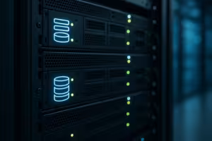 Flere MariaDB-databaseservere i et moderne datacenter med lysende statusindikatorer
