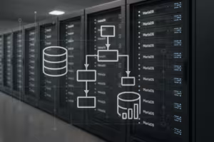 MariaDBデータベースサーバーと抽象的なクエリ最適化図が前面に配置された、最新のサーバーラック