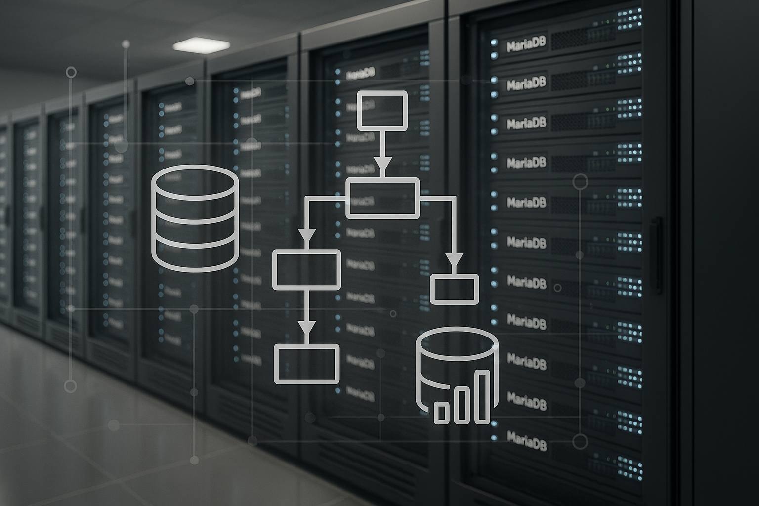 Moderne serverracks met MariaDB-databaseservers en abstracte diagrammen voor query-optimalisatie op de voorgrond