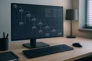 Plano de execução do MySQL EXPLAIN ANALYZE no ecrã de um escritório moderno