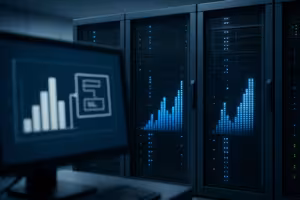 Centro de dados com racks de servidores e visualização estilizada de dados para a otimização do desempenho do MySQL