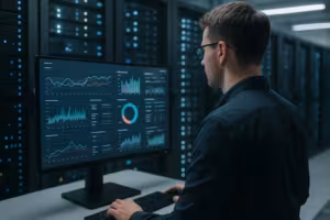 Administrator analysiert MySQL-Performance in einem Serverraum