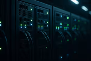 Serverrack mit laufenden Linux-Servern und Monitoring im Rechenzentrum
