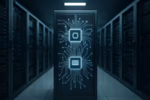 Fotorealistische serverruimte met moderne hardware voor NUMA-optimalisatie