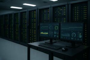 Serverraum mit Monitoring-Dashboards und Statusanzeigen