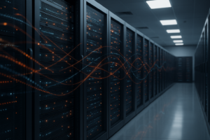 Moderne serverrum med hosting-infrastruktur og abstrakte datastrømme som symbol på Redis Keyspace-notifikationer