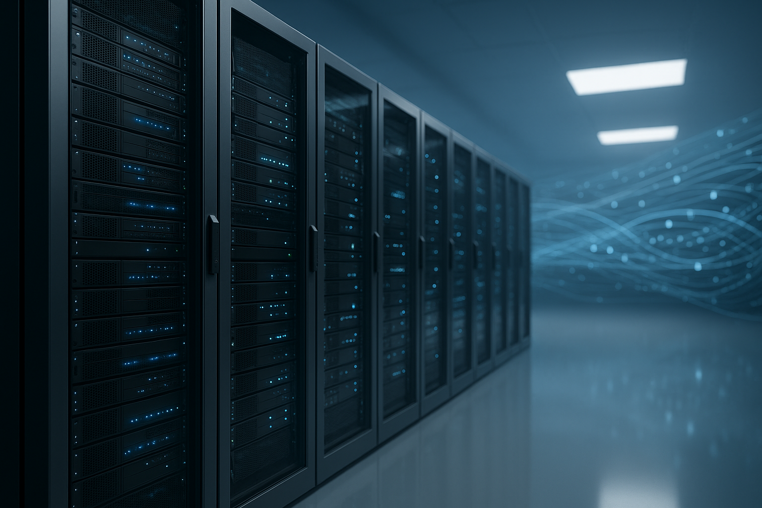データセンターにおけるメモリのバックグラウンド共有を描いた抽象的なサーバーの情景