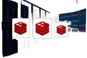 Serverrum med kontrollpanel för övervakning och prestandaanalys av Redis