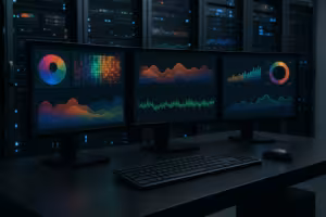 Photorealistische Darstellung eines Monitorings für Redis mit Diagrammen und Serverinfrastruktur