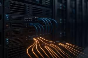Szafa serwerowa w centrum danych z serwerami z systemem Linux i siecią 25 Gbit, wizualizacja rozkładu obciążenia dzięki technologii Receive Side Scaling